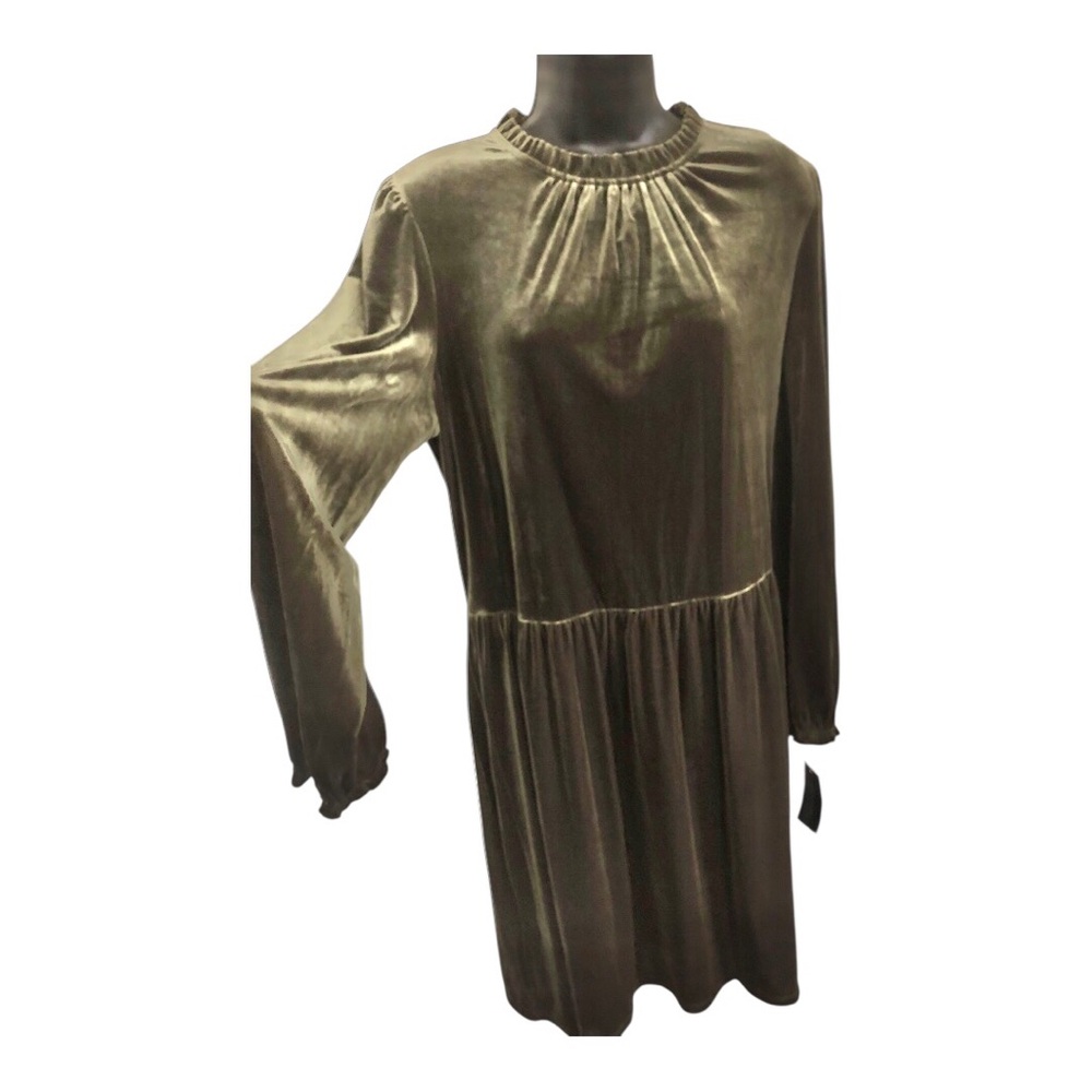 Tommy Hilfiger olive green velvet ruffled mockneck drop waist dress size 14 new